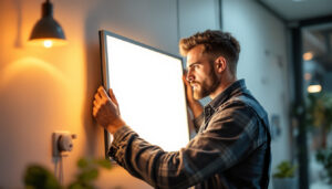 A photograph of a lighting contractor carefully installing a sleek led light panel in a modern workspace