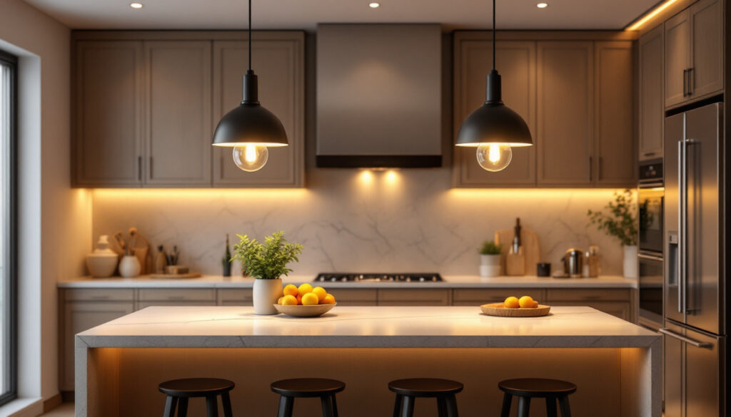 A photograph of a beautifully designed kitchen island illuminated by stylish pendant lights