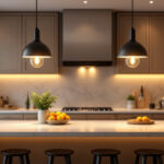 A photograph of a beautifully designed kitchen island illuminated by stylish pendant lights