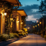 A photograph of a beautifully illuminated outdoor space featuring various types of security lights in action