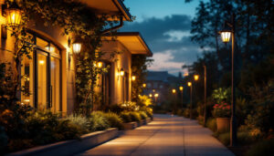 A photograph of a beautifully illuminated outdoor space featuring various types of security lights in action