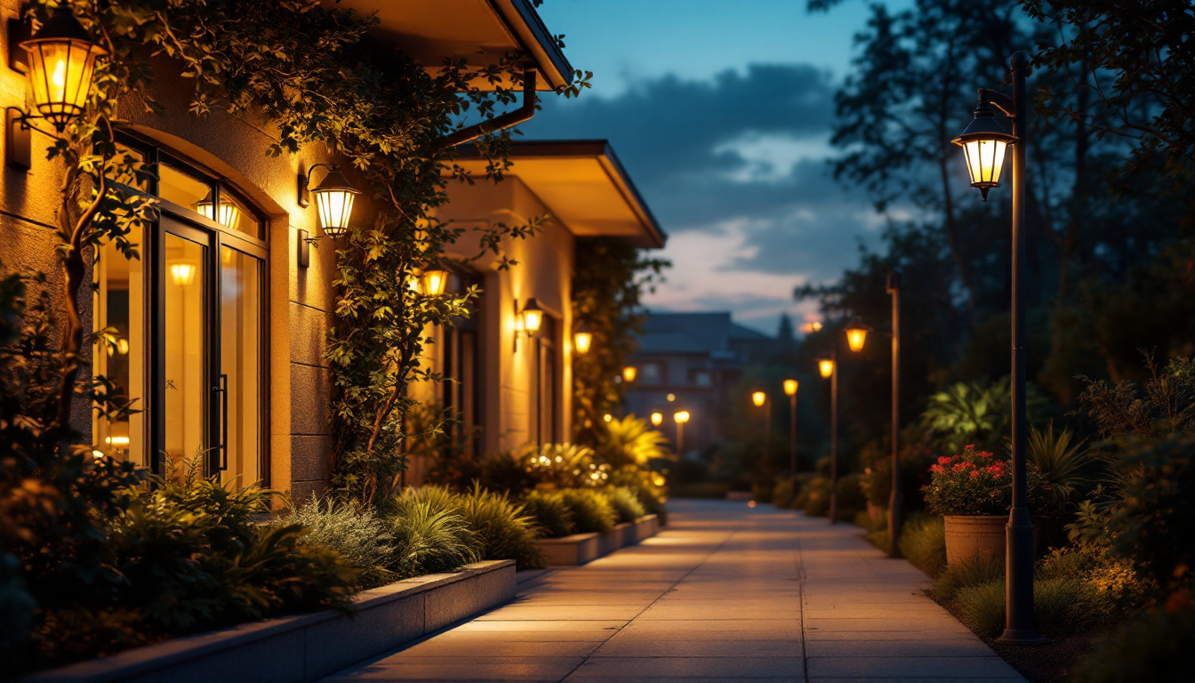 A photograph of a beautifully illuminated outdoor space featuring various types of security lights in action