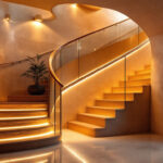 A photograph of a beautifully designed indoor stairway featuring a variety of stylish lighting options