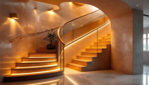 A photograph of a beautifully designed indoor stairway featuring a variety of stylish lighting options