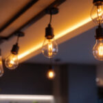 A photograph of a modern interior space featuring sleek commercial electric can lights installed in the ceiling