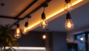 A photograph of a modern interior space featuring sleek commercial electric can lights installed in the ceiling