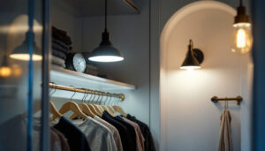 A photograph of a well-lit closet featuring stylish and functional light fixtures