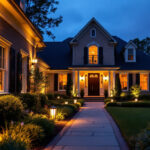 A photograph of a beautifully illuminated front yard showcasing a variety of outdoor lighting fixtures