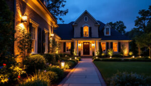 A photograph of a beautifully illuminated front yard showcasing a variety of outdoor lighting fixtures