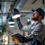 A photograph of a lighting contractor at work