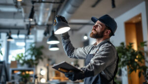 A photograph of a lighting contractor at work