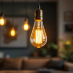 A photograph of a stylish light bulb pendant lamp elegantly hanging in a modern interior setting