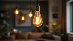 A photograph of a stylish light bulb pendant lamp elegantly hanging in a modern interior setting