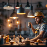 A photograph of a skilled lighting contractor at work