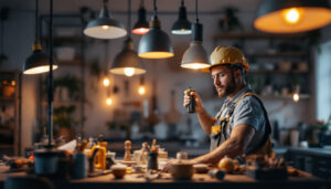A photograph of a skilled lighting contractor at work