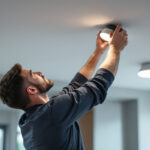A photograph of a lighting contractor skillfully installing ceiling-mounted led lights in a modern interior space