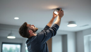 A photograph of a lighting contractor skillfully installing ceiling-mounted led lights in a modern interior space