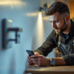 A photograph of a lighting contractor using the switch on timer in a well-lit workspace