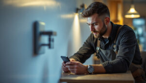 A photograph of a lighting contractor using the switch on timer in a well-lit workspace
