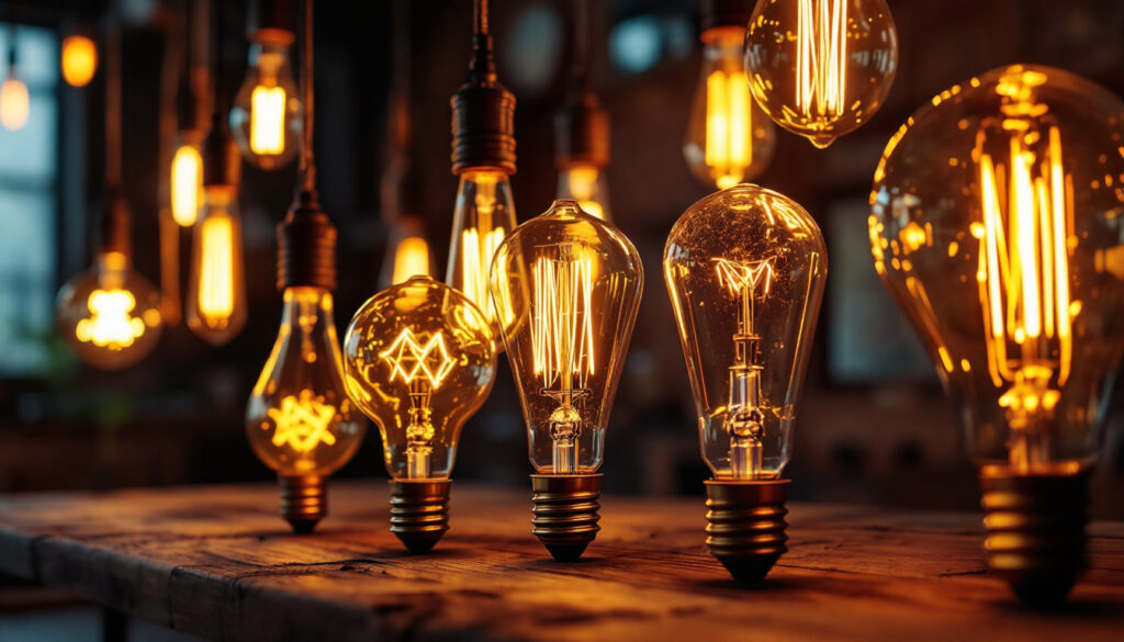 A photograph of a beautifully arranged display of vintage-style light bulbs in various shapes and sizes