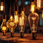 A photograph of a beautifully arranged display of vintage-style light bulbs in various shapes and sizes