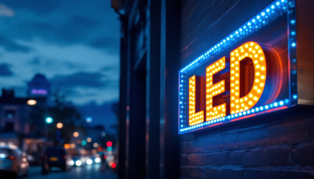 A photograph of a vibrant led exterior sign illuminated at dusk