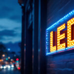 A photograph of a vibrant led exterior sign illuminated at dusk