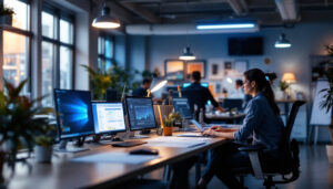 A photograph of a modern office space illuminated by energy-efficient led lights