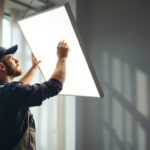 A photograph of a lighting contractor expertly installing or adjusting a lighting diffuser in a well-lit space