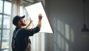 A photograph of a lighting contractor expertly installing or adjusting a lighting diffuser in a well-lit space