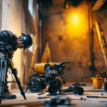 A photograph of a lighting contractor working on a job site