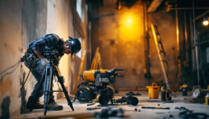 A photograph of a lighting contractor working on a job site