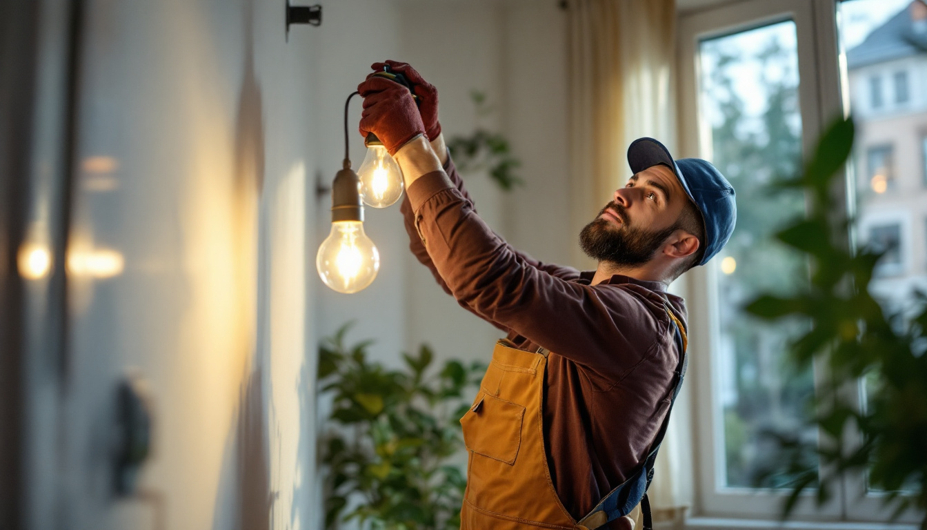 A photograph of a lighting contractor in action