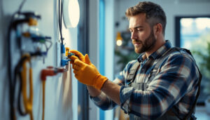 A photograph of a skilled contractor expertly installing various types of electrical wiring connectors in a modern