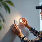 A photograph of a lighting contractor installing a motion sensor outlet in a modern home setting