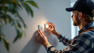 A photograph of a lighting contractor installing a motion sensor outlet in a modern home setting