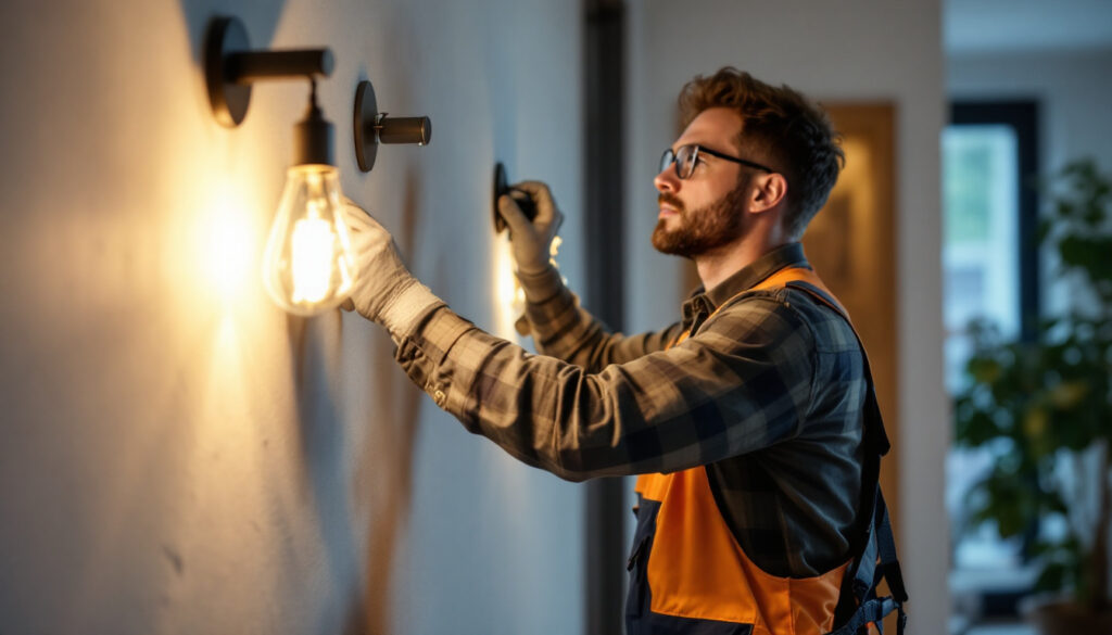A photograph of a skilled lighting contractor installing a stylish wall-mounted light fixture in a modern interior setting