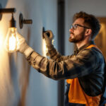 A photograph of a skilled lighting contractor installing a stylish wall-mounted light fixture in a modern interior setting