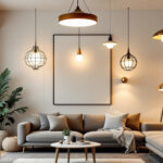 A photograph of a stylish living room showcasing a variety of ceiling light fixtures
