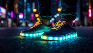 A photograph of a pair of stylish led light-up shoes in action