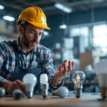 A photograph of a lighting contractor examining various types of led bulbs in a well-lit workshop