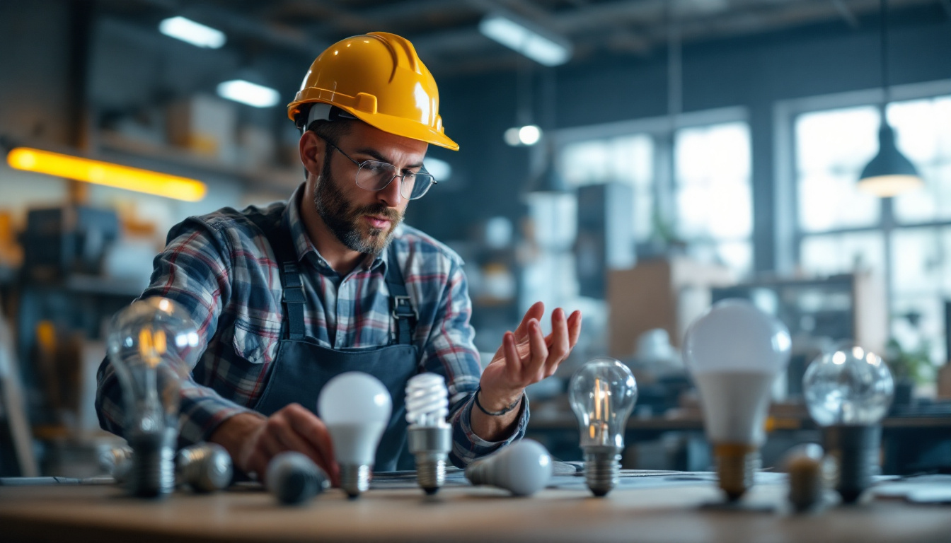 A photograph of a lighting contractor examining various types of led bulbs in a well-lit workshop
