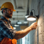 A photograph of a lighting contractor in action