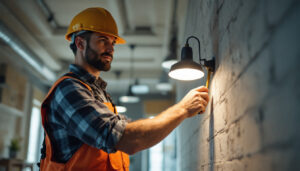 A photograph of a lighting contractor in action