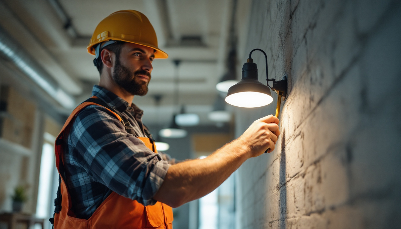 A photograph of a lighting contractor in action