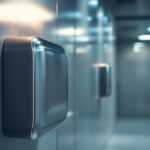 A photograph of a modern automatic hand dryer installed in a well-lit restroom environment
