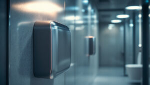 A photograph of a modern automatic hand dryer installed in a well-lit restroom environment
