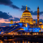 A photograph of a stunning architectural monument illuminated at dusk