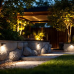 A photograph of a well-designed outdoor lighting setup featuring down-firing lights illuminating a garden or patio area at dusk