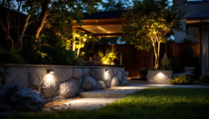 A photograph of a well-designed outdoor lighting setup featuring down-firing lights illuminating a garden or patio area at dusk